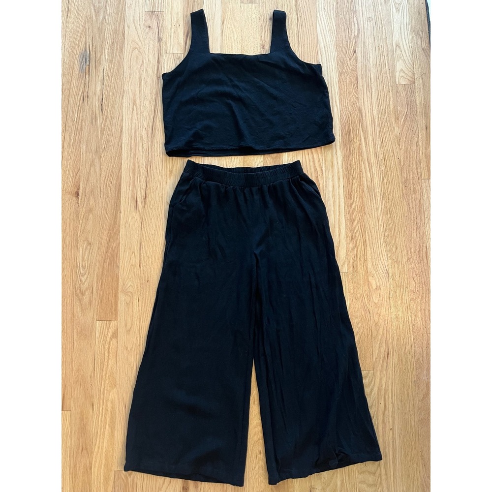 Prinbara Black Rayon Linen Blend Two Piece Set Crop Tank and Wide Leg Pants